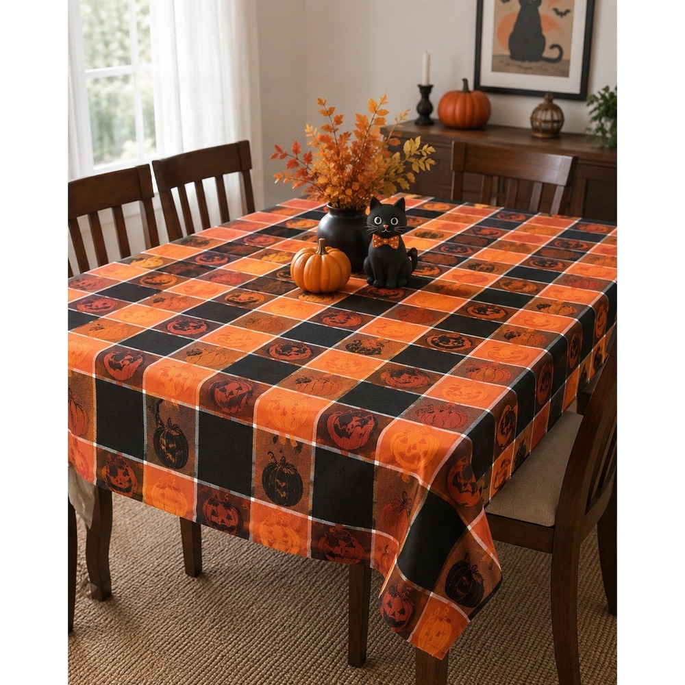 Celebrate Halloween Together Plaid Pumpkin Black Cat Tablecloth 120 x 80 Orange